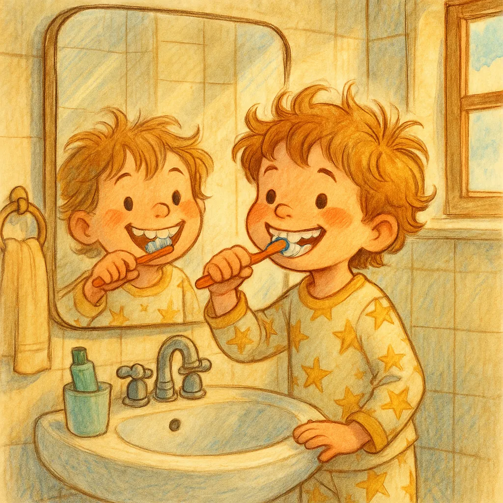 Çocuk aynada diş fırçalıyor, gülümseyerek