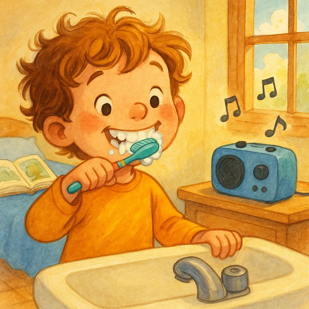 Çocuk müzikle diş fırçalıyor, eğlenceli sabah
