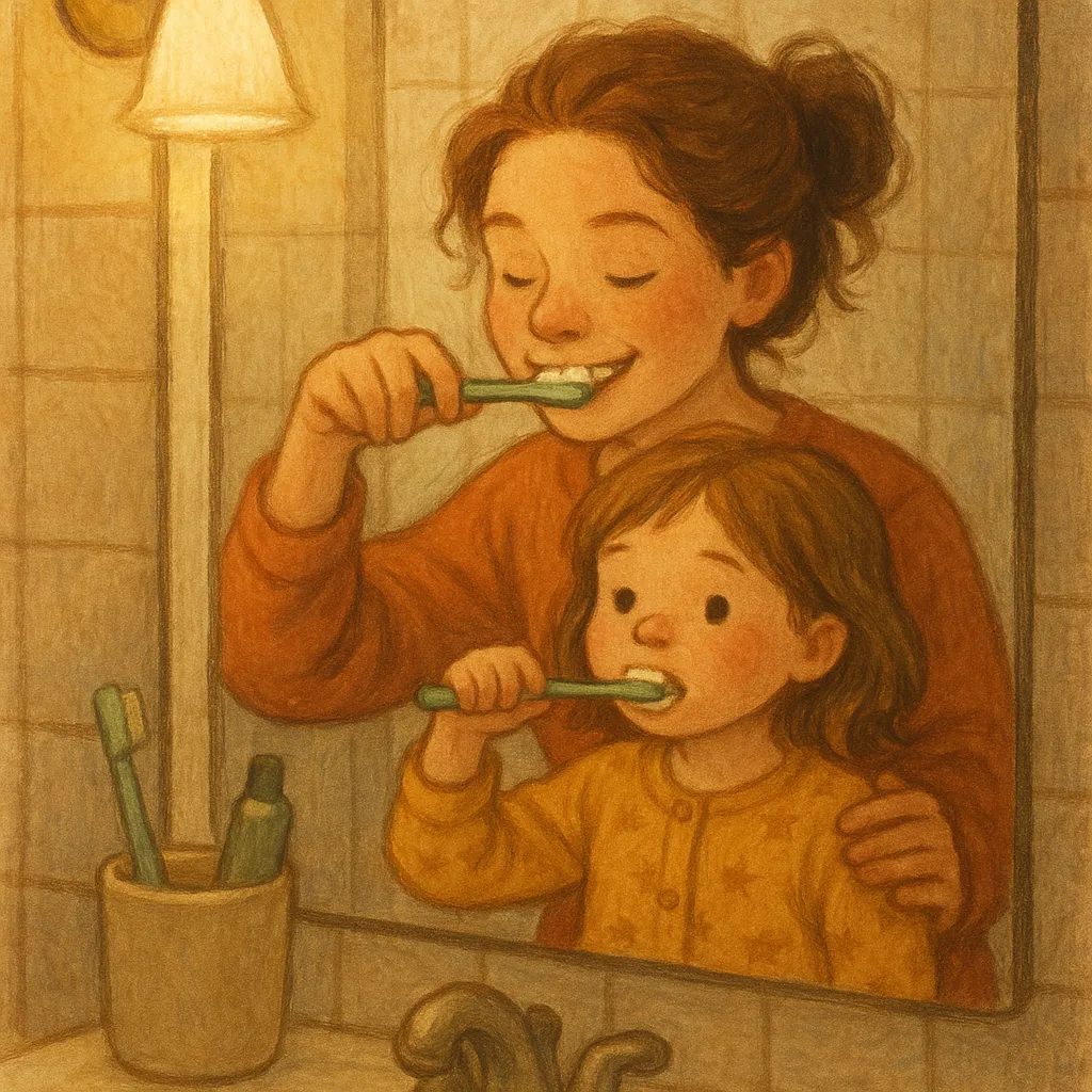 Anne ve çocuk banyoda birlikte diş fırçalıyor, aynada gülümseme