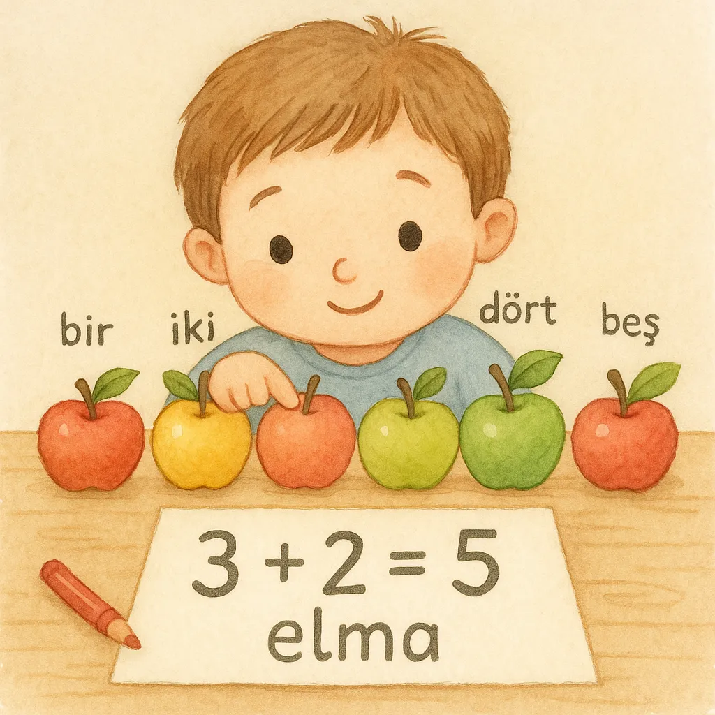 Children learning addition with apples - educational illustration