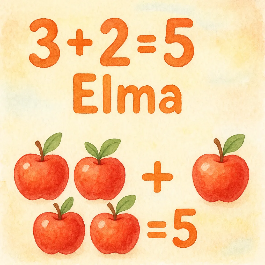 Apple addition game illustration with numbers 3 + 2 = 5