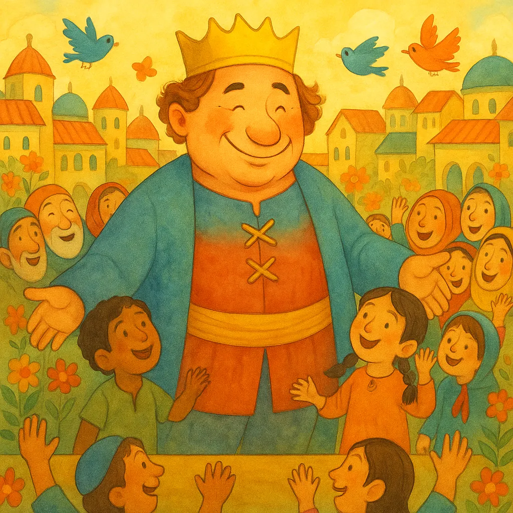 Güneşli bir sabah, rengarenk elbiselerle dolu bir odada neşeyle gülümseyen genç bir imparator.