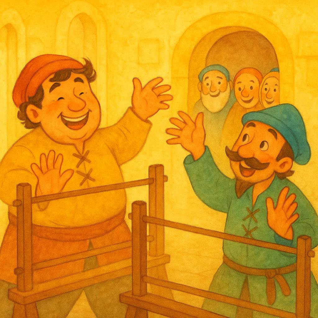 İki neşeli gezgin terzi, boş bir dokuma tezgahının önünde havada sihirli iplikleri dokuyormuş gibi yapıyor.