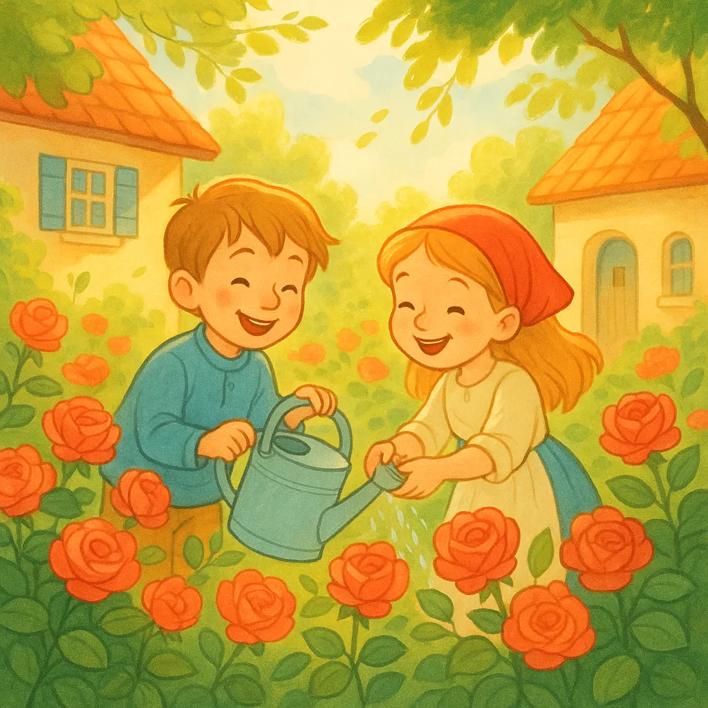 Kay ve Gerda'nın gül kutuları arasında neşeyle oynadığı, güneşli bir bahar günü.