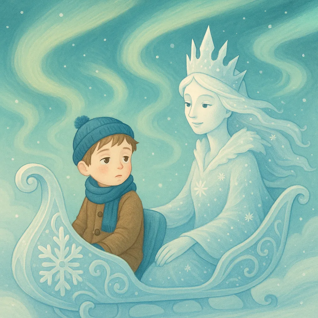 Karlar Kraliçesi'nin bembeyaz kızağına binen Kay, kuzey ışıklarının altında buz sarayına doğru uçarken.