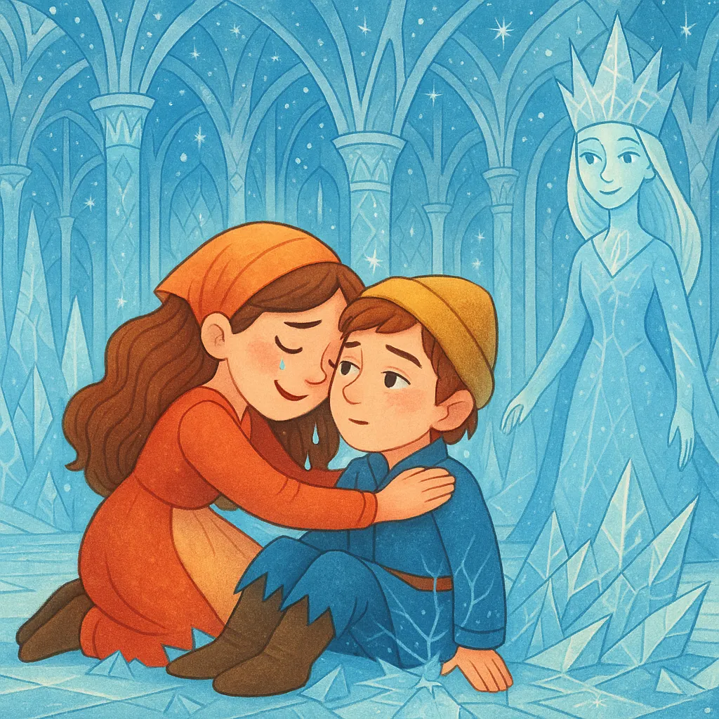 Gerda'nın buz sarayında, buz parçalarıyla oynayan Kay'ı bulduğu, hüzünlü ama umut dolu an.