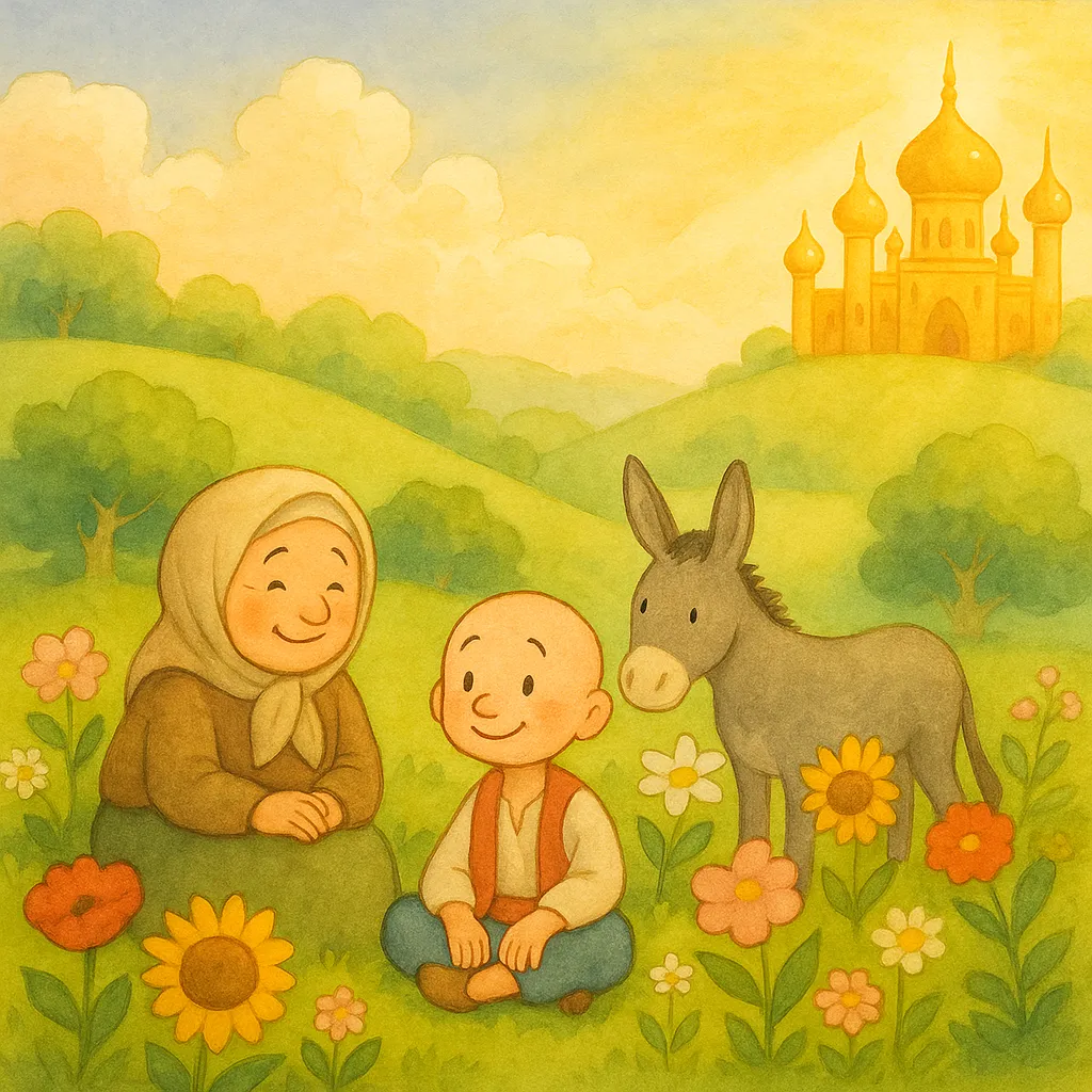 Keloğlan sarayın büyük altın kapılı girişinde nöbetçilerle konuşurken, arkasında mavi gökyüzü.