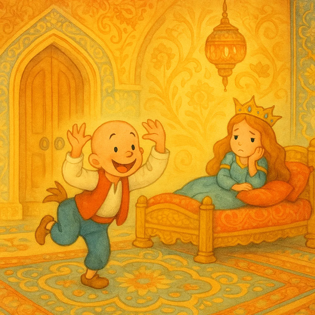 Keloğlan prensesin odasında komik taklitler yaparken, prenses yatağında kahkahalarla gülerken.