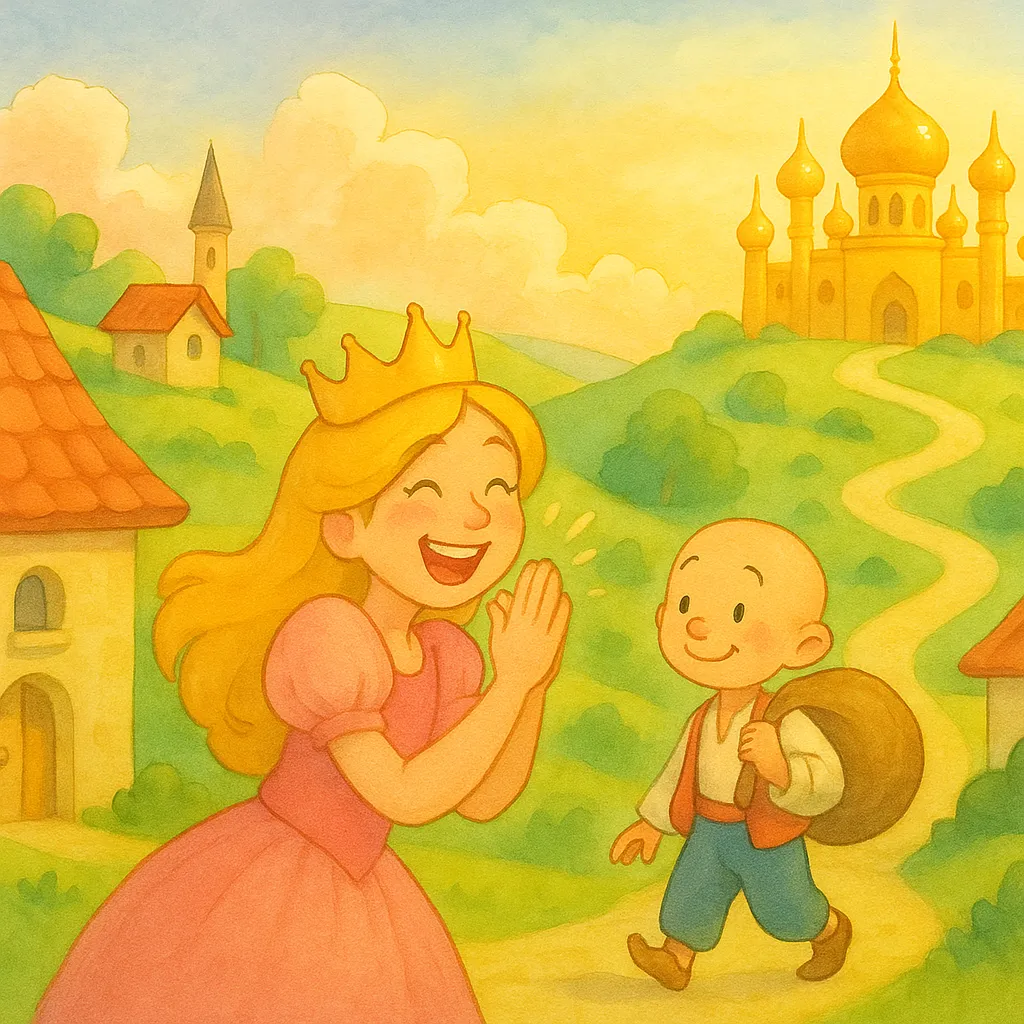 Saray bahçesinde şenlik, Keloğlan ve Prenses yan yana mutlu, gökyüzünden üç elma düşüyor.