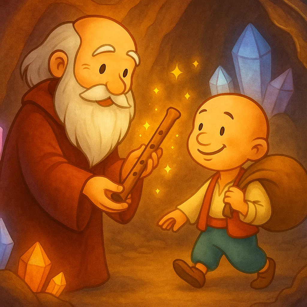 Mağaranın içinde beyaz sakallı bir dede, elindeki parlayan kavalı Keloğlan'a uzatıyor, etrafta renkli ışıklar var.