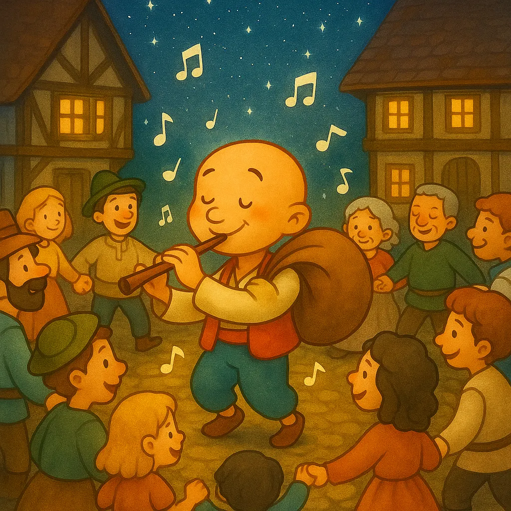 Gece vakti köy meydanında herkes el ele tutuşmuş dans ederken, Keloğlan ortada kaval çalıyor, gökyüzünde yıldızlar parlıyor.