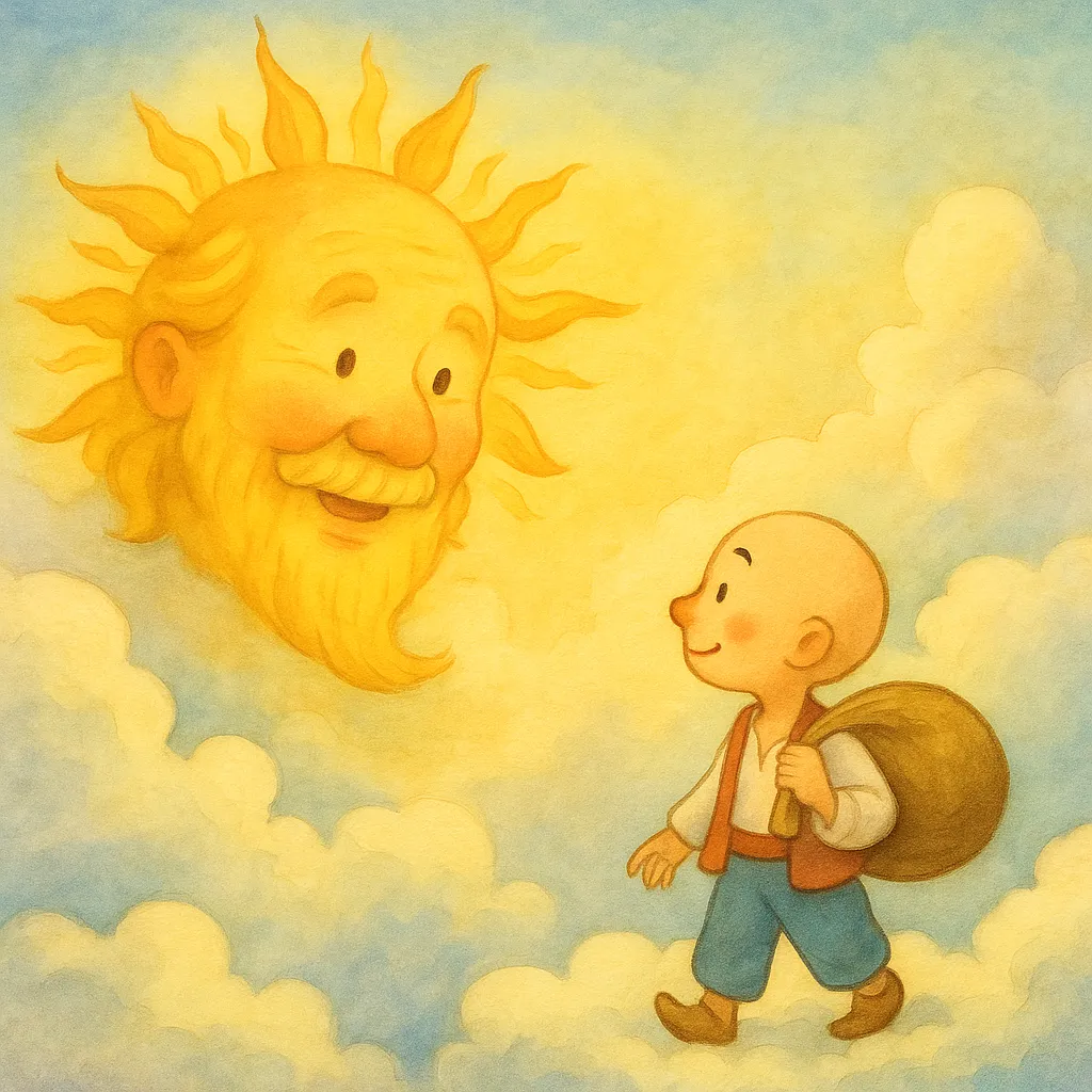 Keloğlan bulutların üzerinde, parlayan ve gülümseyen Güneş Baba ile konuşuyor, elinde bir mendil var.