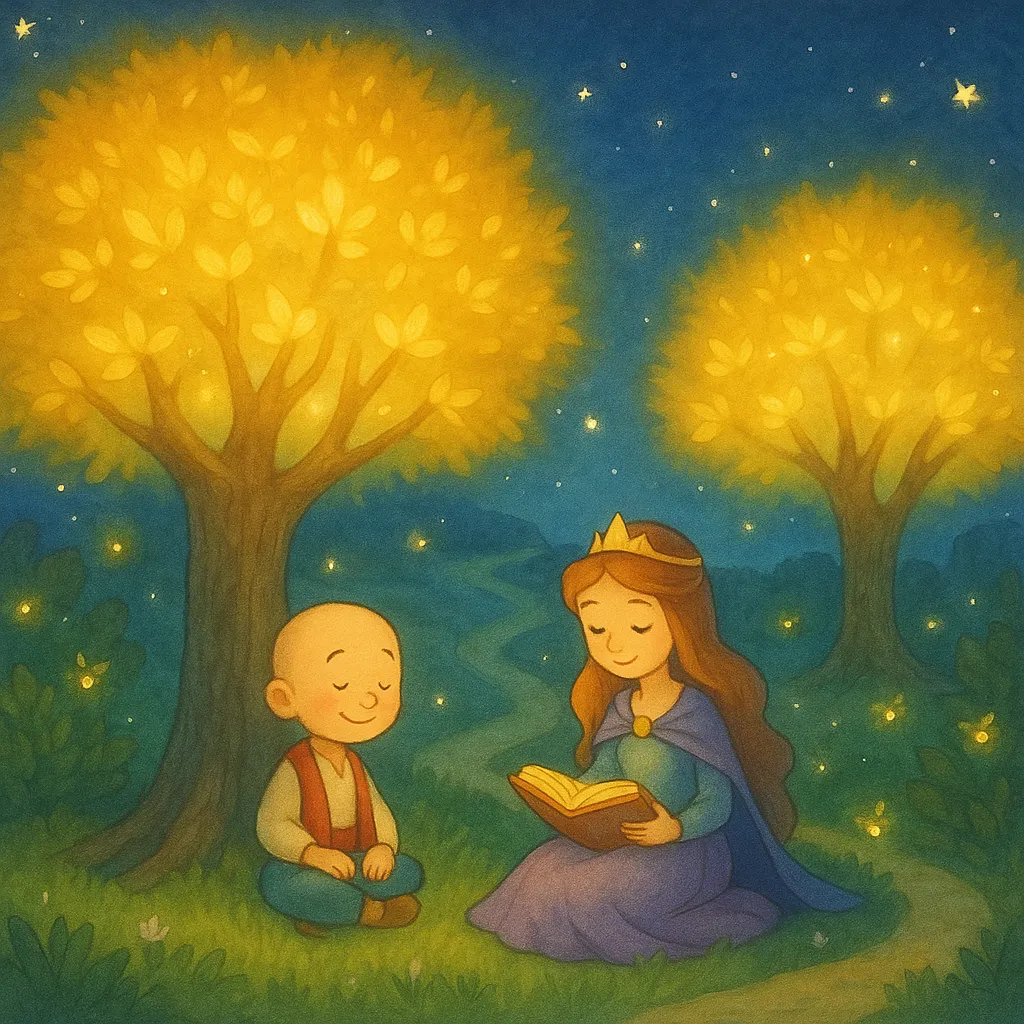 Saray bahçesinde parlayan altın yapraklı ağaçların altında Keloğlan, prenses ve çocuklar mutlu bir şekilde oturuyor.