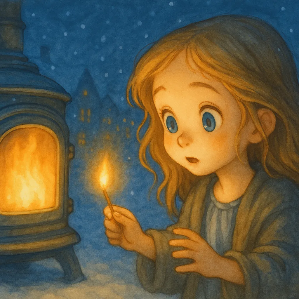 Minik Kibritçi Kız Elif, yaktığı kibritin ışığında, karşısında sıcacık yanan bir soba hayal ediyor, ellerini uzatıyor.