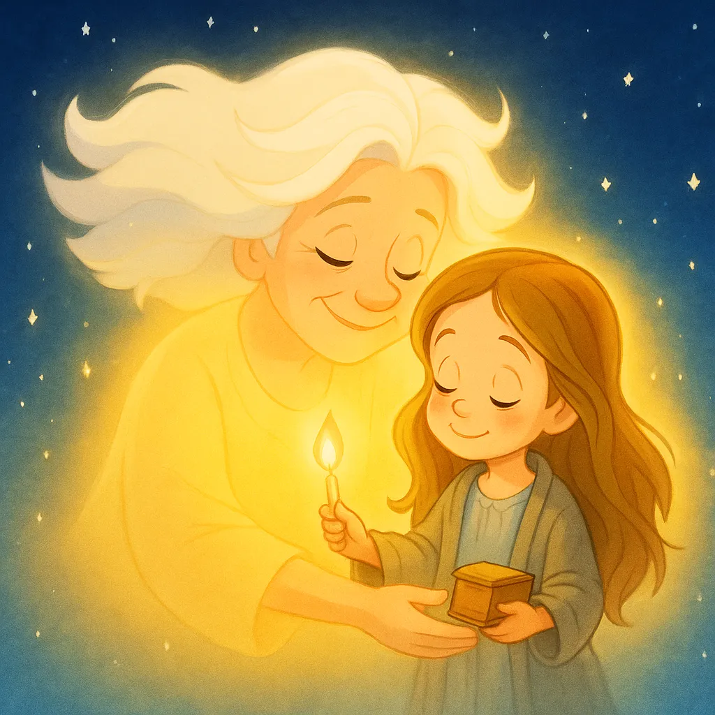 Minik Kibritçi Kız Elif, yaktığı tüm kibritlerin ışığında, parlayan büyükannesi tarafından sımsıkı kucaklanıyor ve birlikte yıldızlara doğru yükseliyorlar.