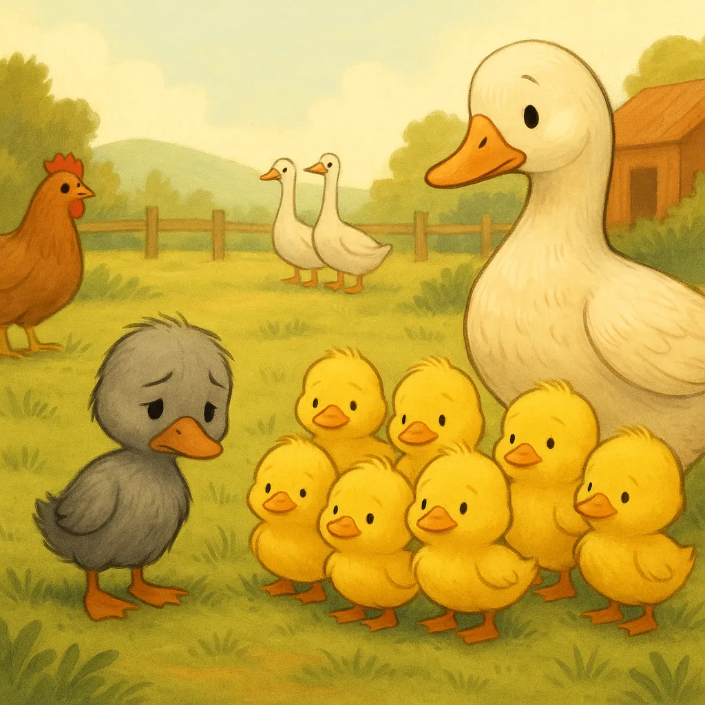 A small, grey, slightly clumsy duckling looking sad and lonely amidst a group of fluffy yellow ducklings and a mother duck on a green farm. The other farm animals (chickens, geese) are in the background, looking on with mild curiosity. Soft, warm lighting. Turkish storybook style.