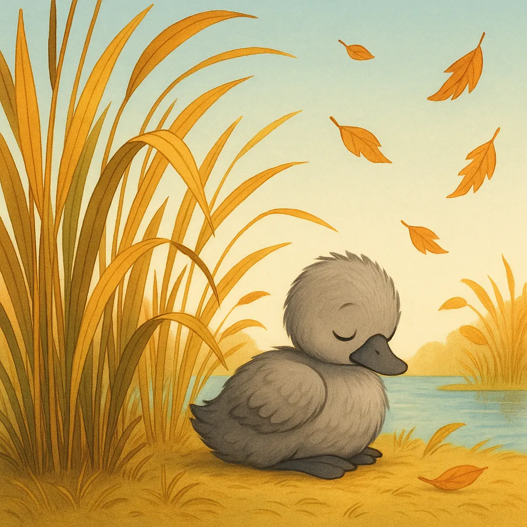 The grey duckling, now a bit older, huddling alone among tall, golden reeds by a tranquil pond. Autumn leaves are falling gently around it. The sky is a soft, muted blue. A sense of quiet solitude. Turkish storybook style.