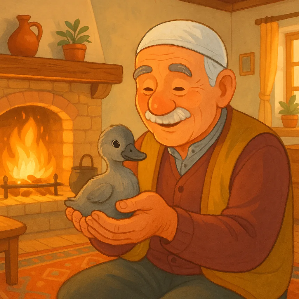 A kind, elderly Turkish farmer with a gentle smile, holding the grey duckling carefully in his warm, cozy home by a crackling fireplace. The duckling looks safe and warm. Soft, inviting interior details. Turkish storybook style.