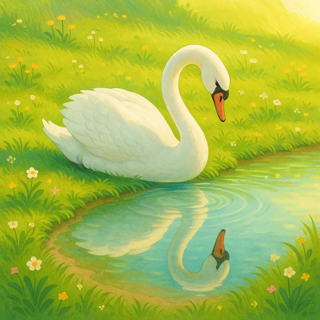 A magnificent white swan, with a long graceful neck, looking at its reflection in a crystal-clear spring pond, surrounded by fresh green grass and tiny wildflowers. Its reflection shows its true, beautiful form. Sunlight is bright and hopeful. Turkish storybook style.