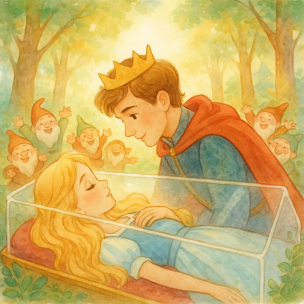 Pamuk Prenses'in uyanışı, prensin elini tutması ve etrafında sevinçle zıplayan yedi cüceler.