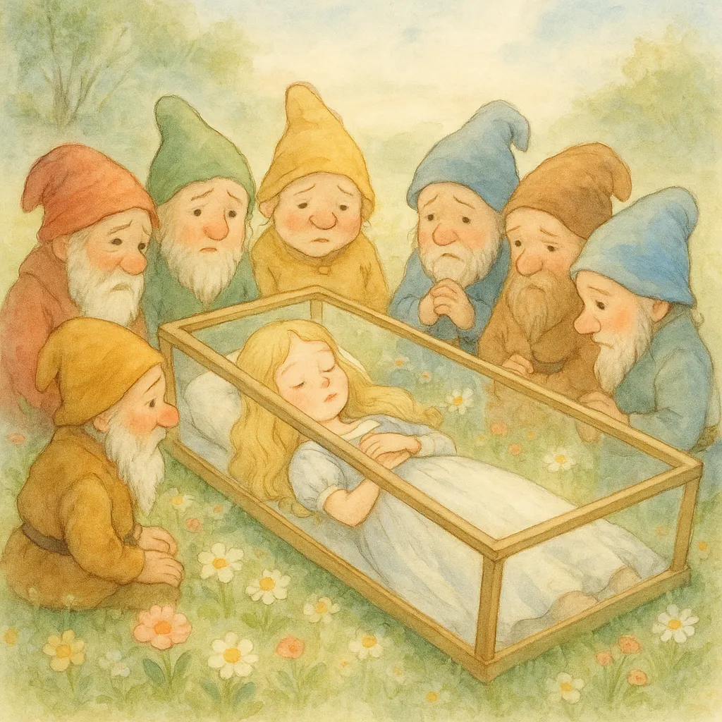 Yaşlı nine kılığındaki kraliçenin Pamuk Prenses'e parlak kırmızı bir elma uzatması, arka planda orman.