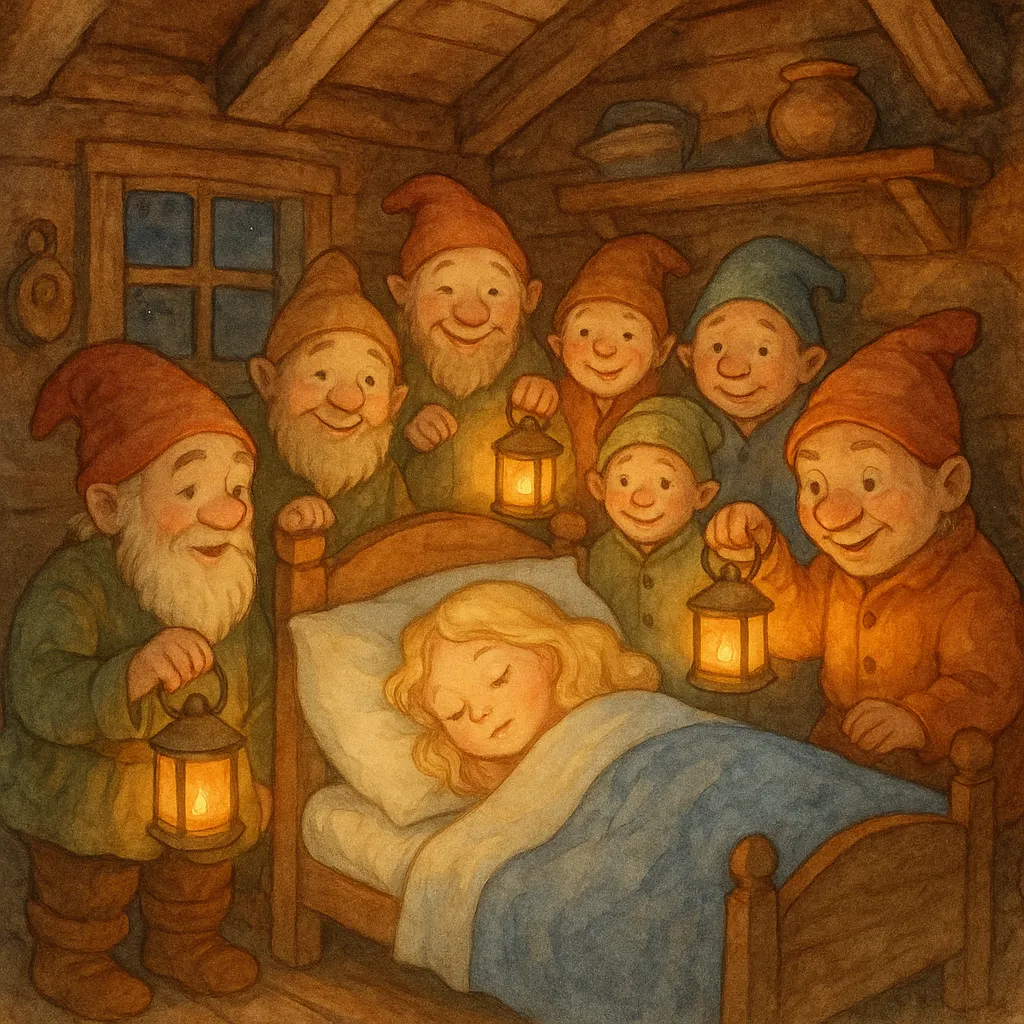 Yedi cücenin yataklarında uyuyan Pamuk Prenses'e ellerinde fenerlerle merakla ve sevgiyle bakmaları.