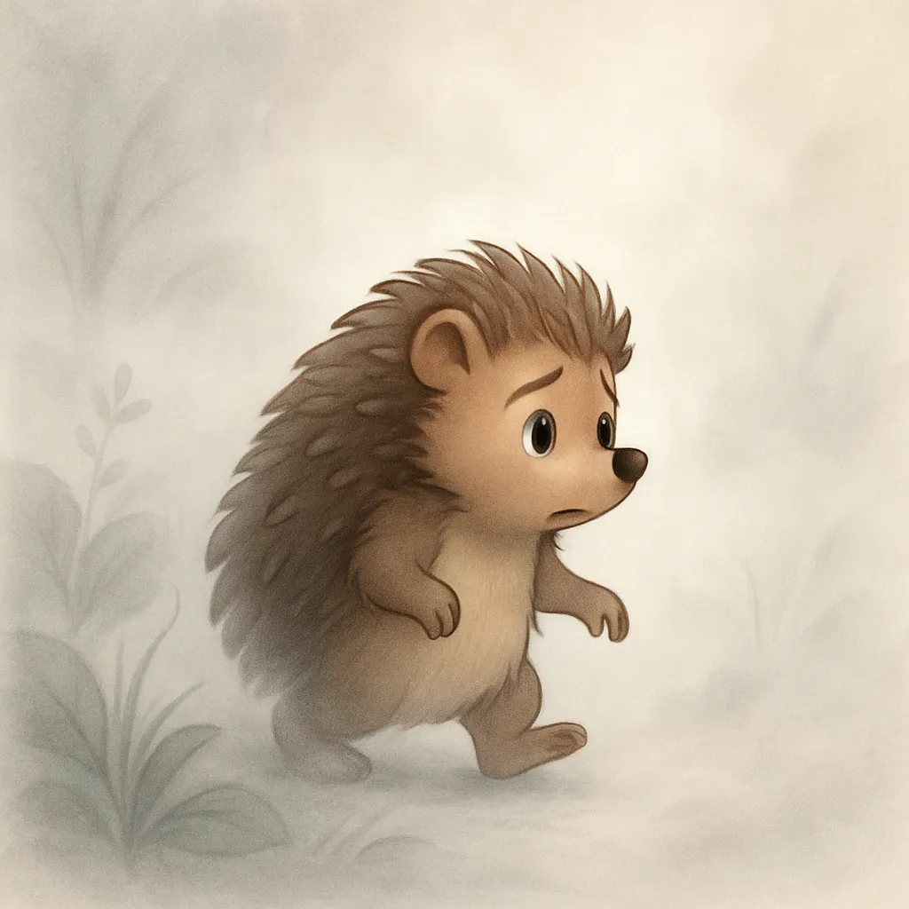 Kirpi, sırtında küçük bir bohça ile orman yolunda yürürken, güneş batıyor ve gökyüzü turuncu renklere bürünmüş.