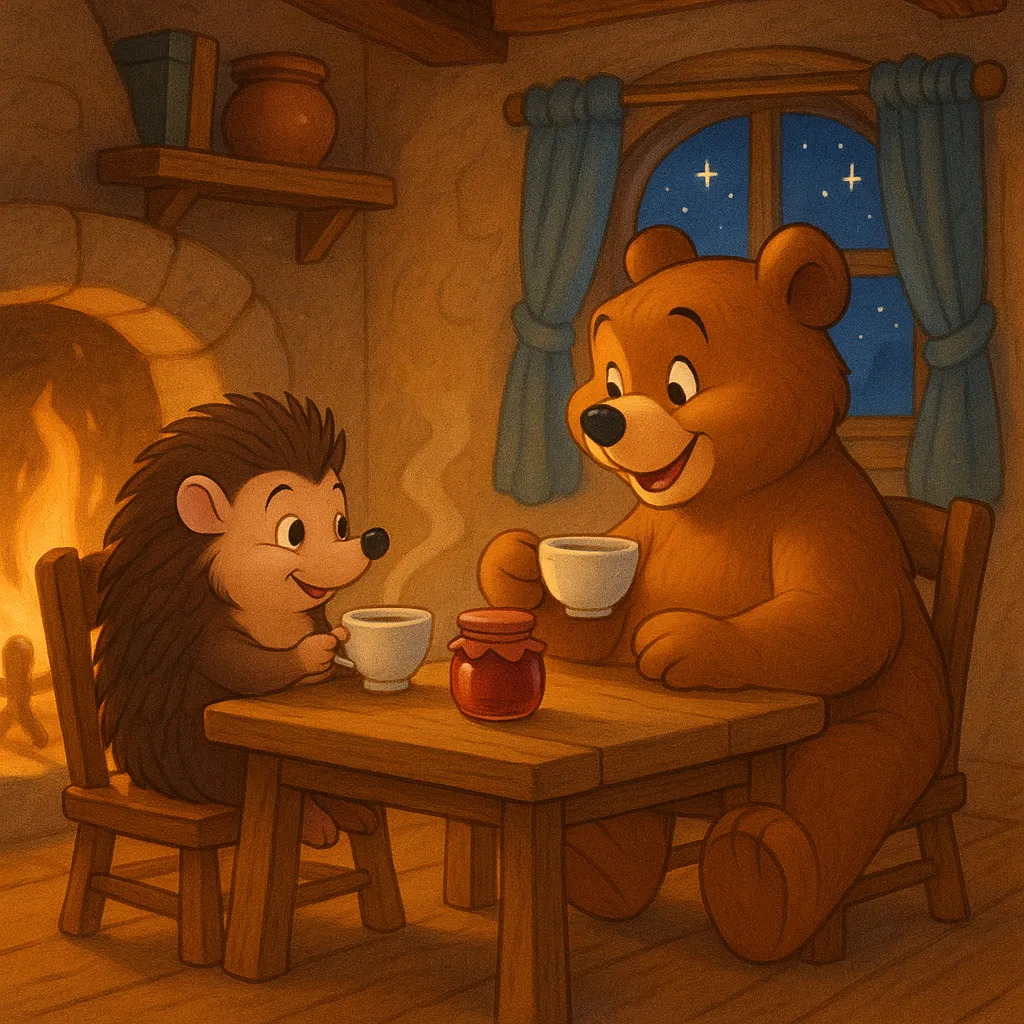 Kirpi, yaprak bir teknede Köpekbalığı'nın yardımıyla nehri geçerken, karşı kıyıda Ayıcık'ın evi görünüyor.