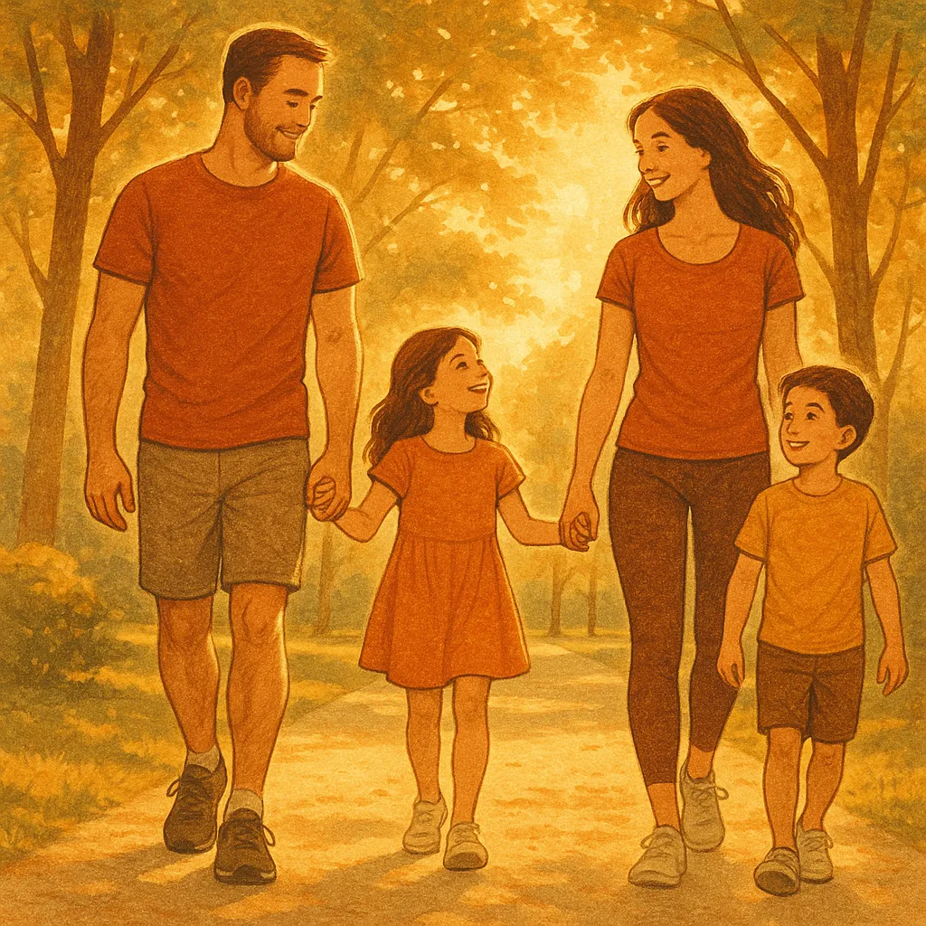 Aile parkta yürüyor, güneş ışığı, sağlıklı yaşam