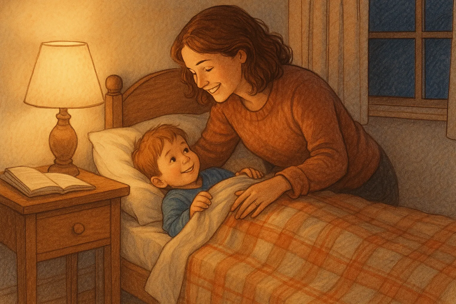 Anne çocuğunu yatırıyor, gece lambası açık, huzurlu ortam