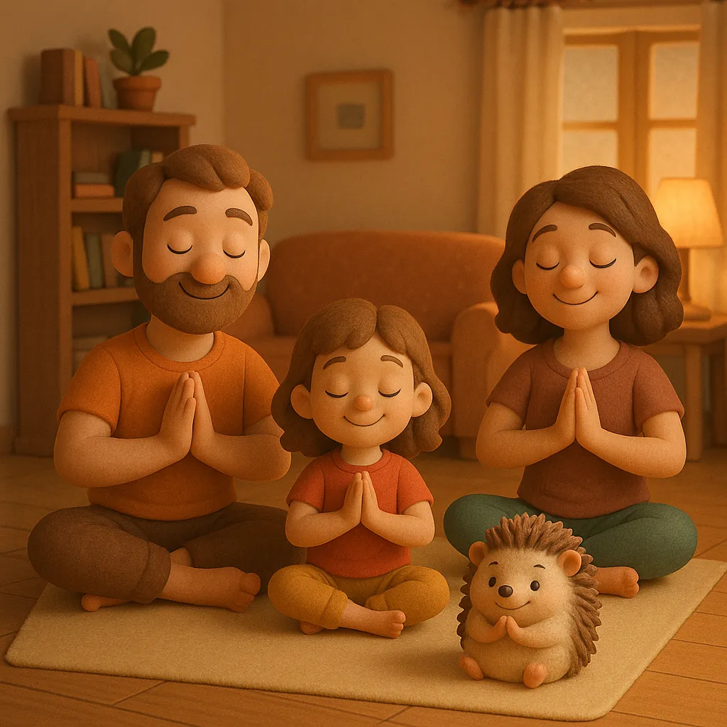 Ailece yoga yapan mutlu bir aile, salon ortamı