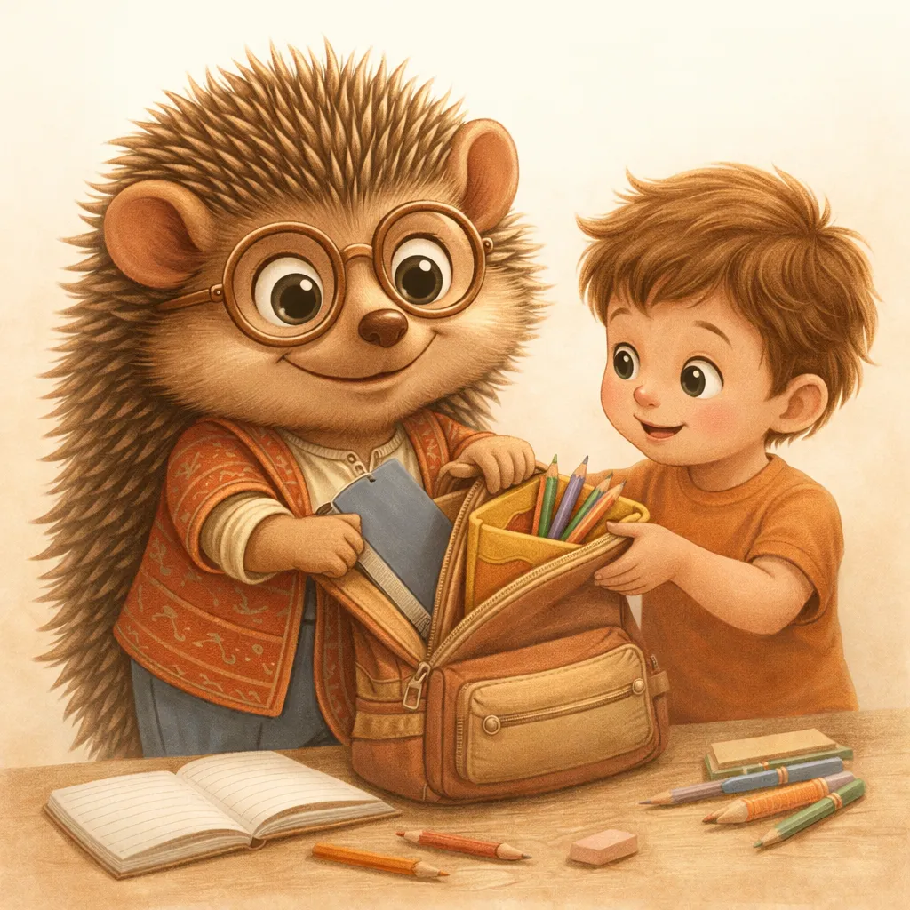 Kirpi Nuk ve çocuk okul çantasını hazırlıyor