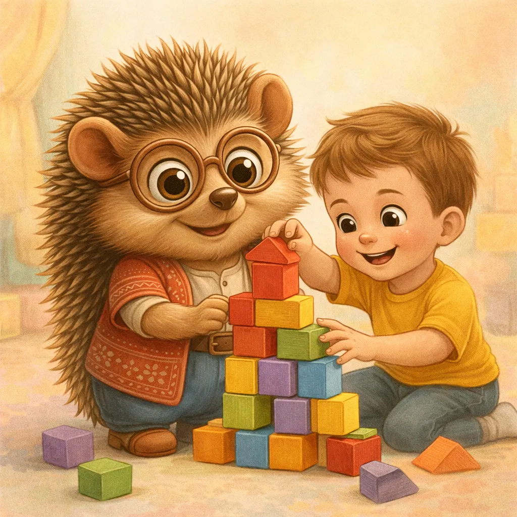 Kirpi Nuk ve çocuk birlikte kule yapıyor